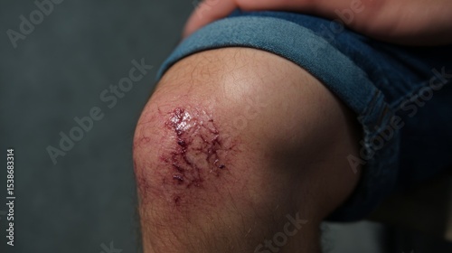 Close-up of a scraped knee with visible wounds and blood, showcasing the aftermath of an accident, highlighting the importance of safety and care in outdoor activities