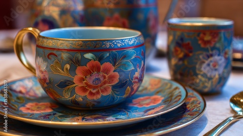 Colorful porcelain tea set featuring intricate floral designs, including a cup, saucer, and small bowl, arranged elegantly on a table, showcasing fine craftsmanship and artistic detail