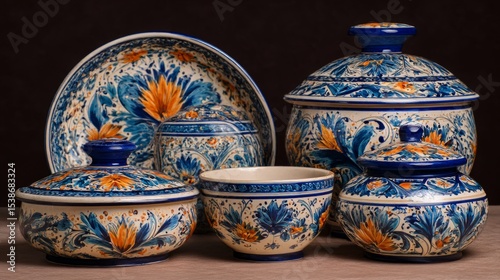Colorful ceramic dishware set featuring intricate floral patterns, including bowls and pots, arranged artistically on a neutral background, showcasing craftsmanship and artistic design