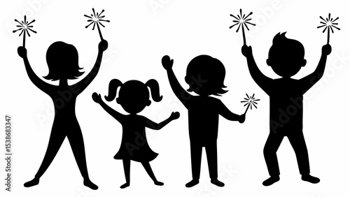 Silhouette of four people holding sparklers with arms raised in celebration and festive mood shown here | eps vectors