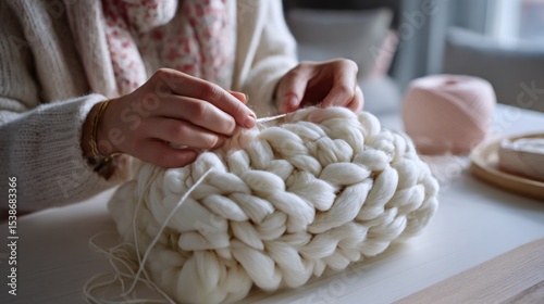 Woman with light skin is knitting a large, fluffy white yarn project, showcasing intricate handwork and creativity in a cozy indoor setting with soft natural light