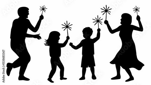 Silhouette of family celebrating with sparklers in a joyful and festive atmosphere together happily | eps vectors