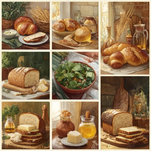 Freshly baked bread assortment displayed on rustic wooden table, featuring loaves, rolls, butter, honey, and greens, creating a warm and inviting culinary atmosphere