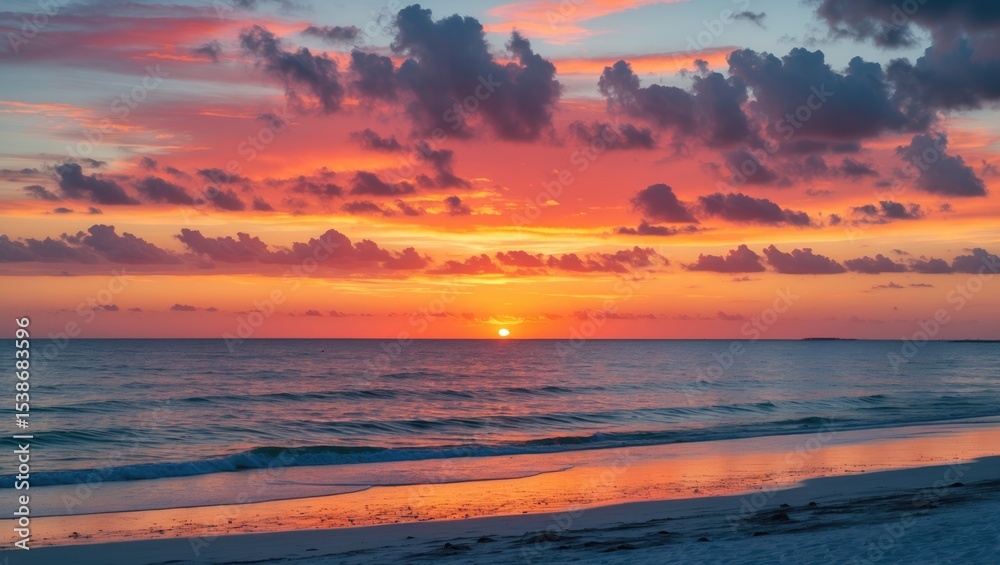 A vibrant evening sky spreads across the shoreline. A vibrant evening sky spreads across the shoreline.