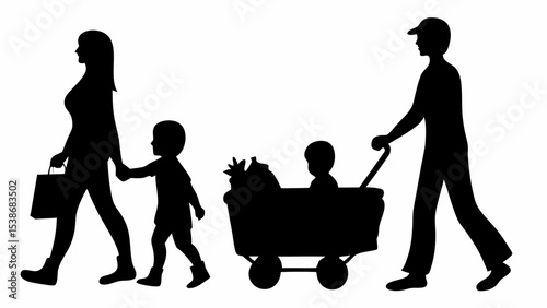 Silhouette illustration of a family with mother child father and stroller walking together outdoors with shopping | eps vectors