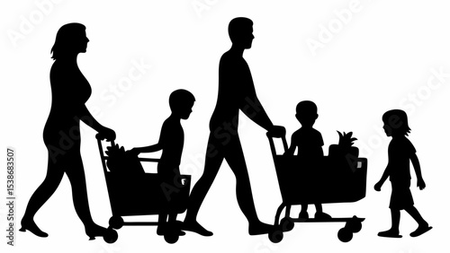 Silhouette depiction of a family shopping with two parents and three children with shopping carts | eps vectors