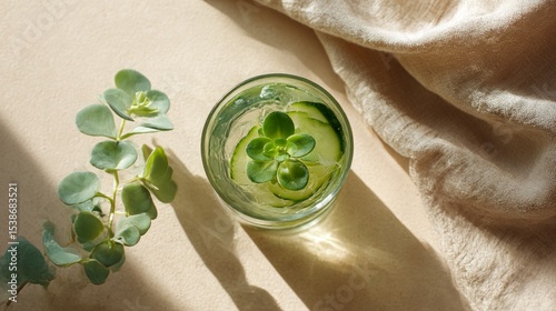 Refreshing green beverage in a glass with cucumber slices and herbs, placed on a light surface, surrounded by soft fabric and natural sunlight, evoking a sense of tranquility and wellness