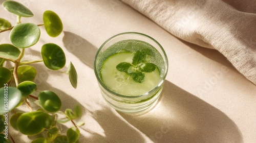 Refreshing beverage in a clear glass garnished with mint leaves and cucumber slices, placed on a light surface with natural sunlight highlighting the vibrant colors and textures of the drink