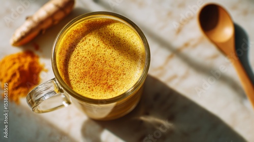 Golden turmeric latte in a clear glass mug, surrounded by fresh turmeric root and ground spice, showcasing a healthy beverage with natural ingredients and warm lighting