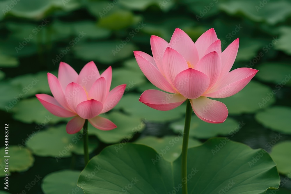 Detailed close-up of blooming lotus flowers in a pond Detailed close-up of blooming lotus flowers in a pond