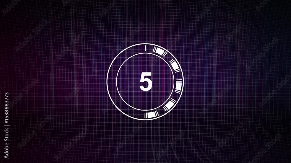4K 3D animation. Neon bright glowing countdown timer from 10 to 0 seconds. Digital Tech clock timer of glowing led  digits background. Big 3D Numbers animated for intros. Circle rotating
