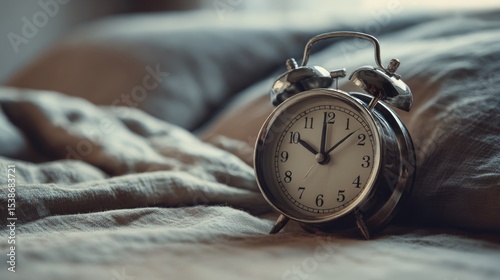 Vintage alarm clock resting on soft bedding, showcasing the passage of time in a cozy bedroom setting, evoking feelings of nostalgia and tranquility