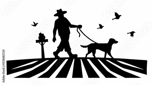 Silhouette of a farmer walking his dog through a field with birds flying in the distance scene is black | eps vectors