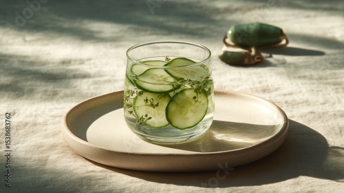 Refreshing glass of cucumber-infused water with fresh herbs sits on a minimalist plate, showcasing a serene and inviting atmosphere for wellness and hydration