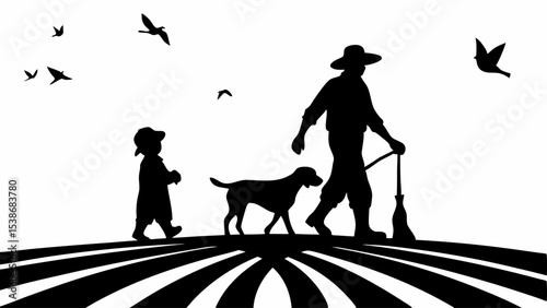 Silhouette of a farmer with his son and dog walking across a field with birds flying overhead | eps vectors