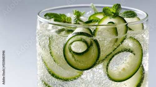 Refreshing beverage featuring cucumber slices and mint leaves in sparkling water, showcasing vibrant colors and textures, perfect for summer hydration and healthy lifestyle