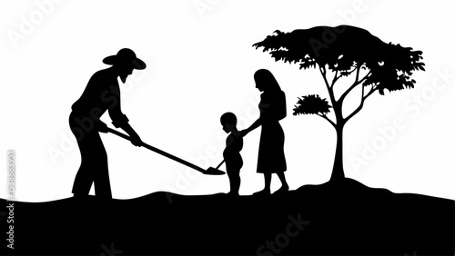 Silhouette of a farmer tilling the land with family near a tree in a rural landscape setting scene | eps vectors