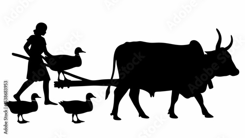 Silhouette of woman with ducks and ox pulling a plow in a field on a white background scene is shown | eps vectors