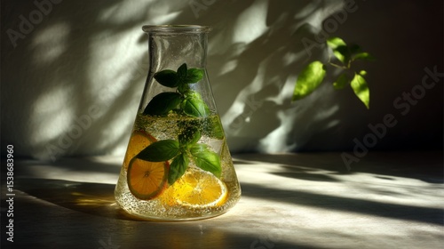 Glass pitcher filled with refreshing citrus beverage, featuring lemon slices and fresh basil leaves, illuminated by soft natural light, creating a vibrant and inviting atmosphere
