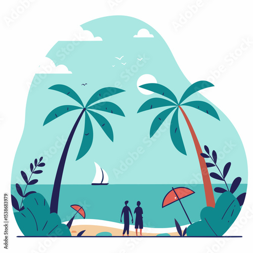 Man enjoying tropical beach vacation under palm trees by the sea