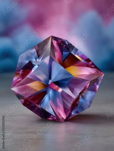 Close-up of a Sparkling Multicolored Gemstone with Intricate Cut and Reflective Surfaces on a Soft Background