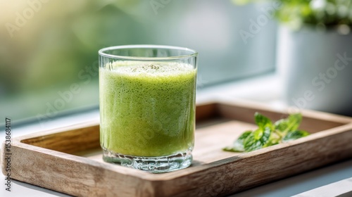 Fresh green smoothie served in a clear glass on a wooden tray, garnished with mint leaves, placed near a window with natural light illuminating the vibrant drink