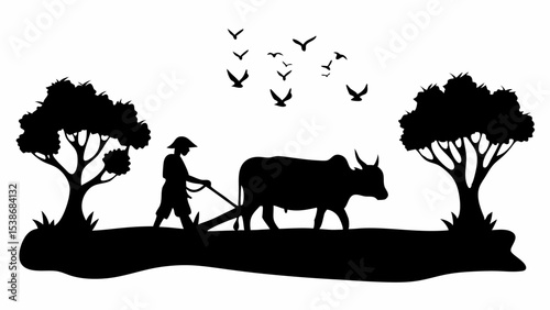 Silhouette of farmer plowing field with ox under birds and trees in rural landscape illustration | eps vectors