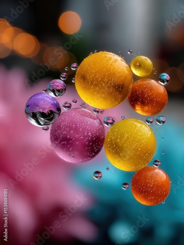 Colorful soap bubbles floating with water droplets, vibrant macro photography of floating bubbles with reflections