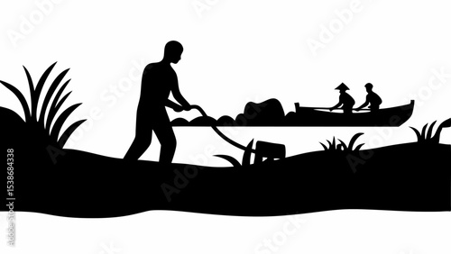 Silhouette illustration of a man plowing a field with a boat on the water and two people in it | eps vectors