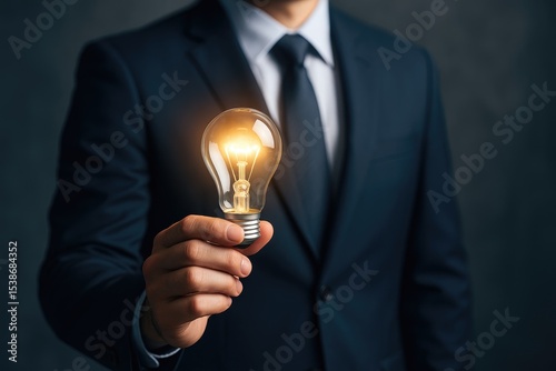 A corporate professional presenting a glowing idea in his palm