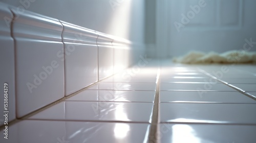 Close-up view of shiny white tiles on bathroom floor reflecting light, with soft textures and a cozy atmosphere, creating a serene and inviting space for relaxation