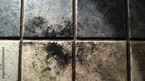 Close-up view of dirty tiles showing contrasting black and white surfaces with stains and grime, highlighting the need for cleaning and maintenance in domestic environments