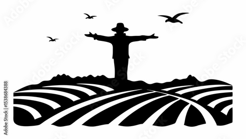 Silhouette of a farmer with outstretched arms standing in a field with birds flying overhead in black and white | eps vectors