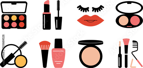 Makeup beauty products cosmetics vector illustration eyeshadow lipstick brushes glamour fashion art editable stock vector illustration