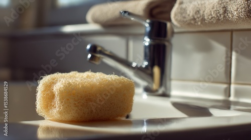 Soft natural sponge resting on a clean countertop beside a modern faucet, with towels in the background, creating a serene and inviting bathroom atmosphere