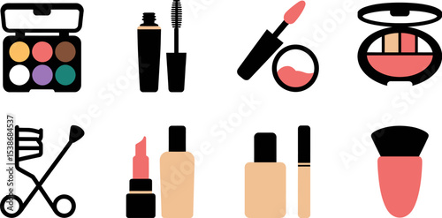 Makeup products beauty cosmetics eyeshadow mascara lipstick blush foundation brush tools glamour style 100 editable stock vector illustration