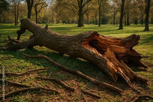 A damaged tree lying across the ground in a park setting