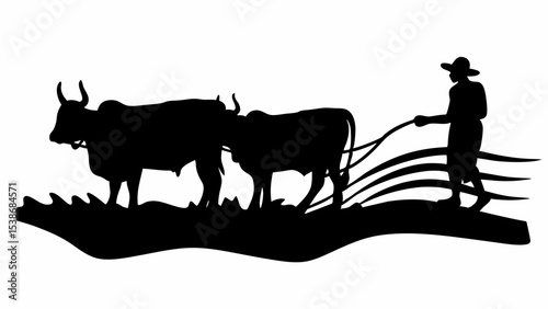 Silhouette of farmer plowing field with oxen in black and white traditional farming method image | eps vectors