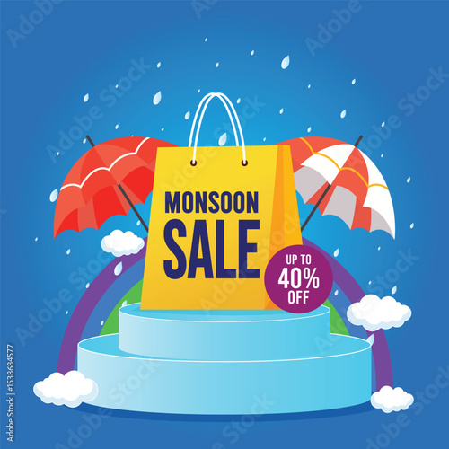 Monsoon Season Sale Banner with 3D Podium, rainbow, shopping bag, umbrella, clouds and Rainy Weather Elements . promotional banner with discount Up to 40% off special offer.