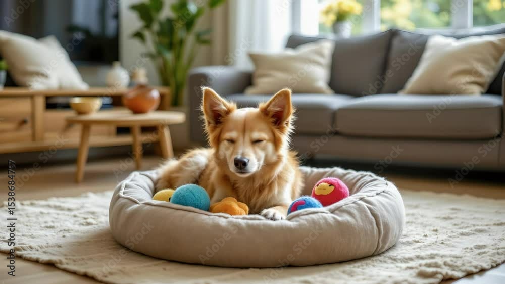 Adorable Dog Relaxing in Cozy Living Room Surrounded by Colorful Toys