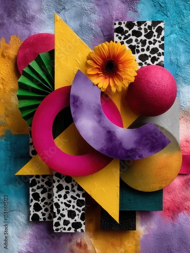 Abstract colorful geometric and floral composition with paper, fabric, and terrazzo textures on vibrant painted background