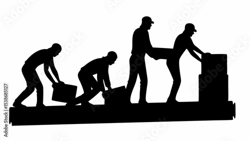 Silhouette of men moving boxes in a production line with a conveyor belt in a black and white image | eps vectors