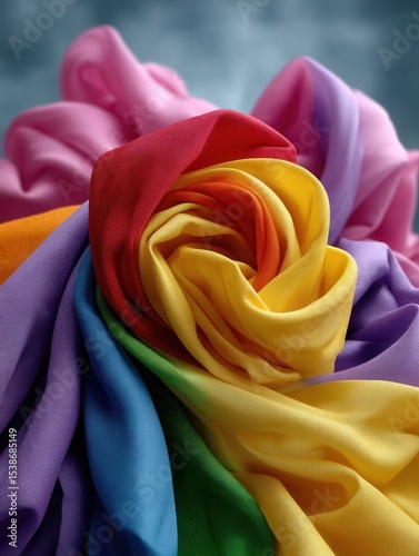 Close-up of a vibrant rainbow-colored silk fabric arranged in a rose shape, celebrating diversity and pride symbolism