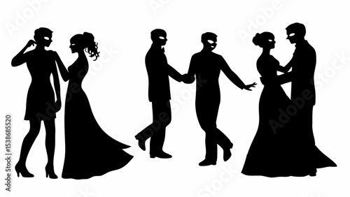 Silhouettes of masked couples in formal wear at a masquerade ball with elegant dresses and suits on white | eps vectors