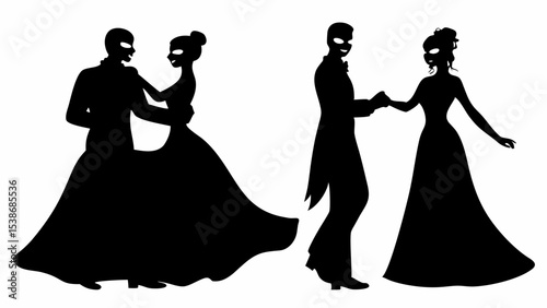 Silhouette of two couples in formal wear and masks dancing together at a masquerade ball event scene | eps vectors
