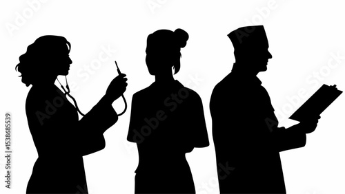 Silhouettes of three medical professionals including doctor nurse and practitioner in black color 100 | eps vectors