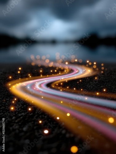 Long exposure abstract photo of colorful light trails on a rocky shoreline at night under cloudy sky
