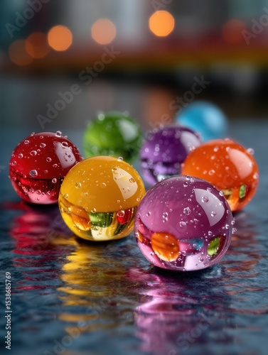 Colorful glass marbles with water droplets reflecting vibrant colors on a reflective surface at night