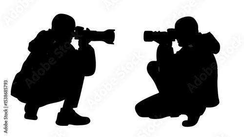 Silhouette of two photographers squatting and aiming cameras with telephoto lenses against white background | eps vectors