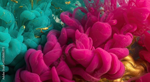 Abstract ink in water with vibrant teal, pink and gold colors forming beautiful shapes